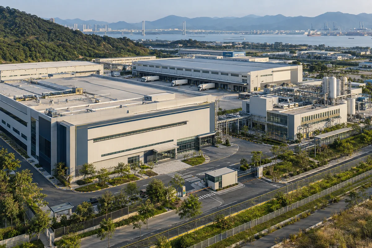 Manufacturing, logistics and technical buildings connected by roads within an Asia-Pacific industrial campus